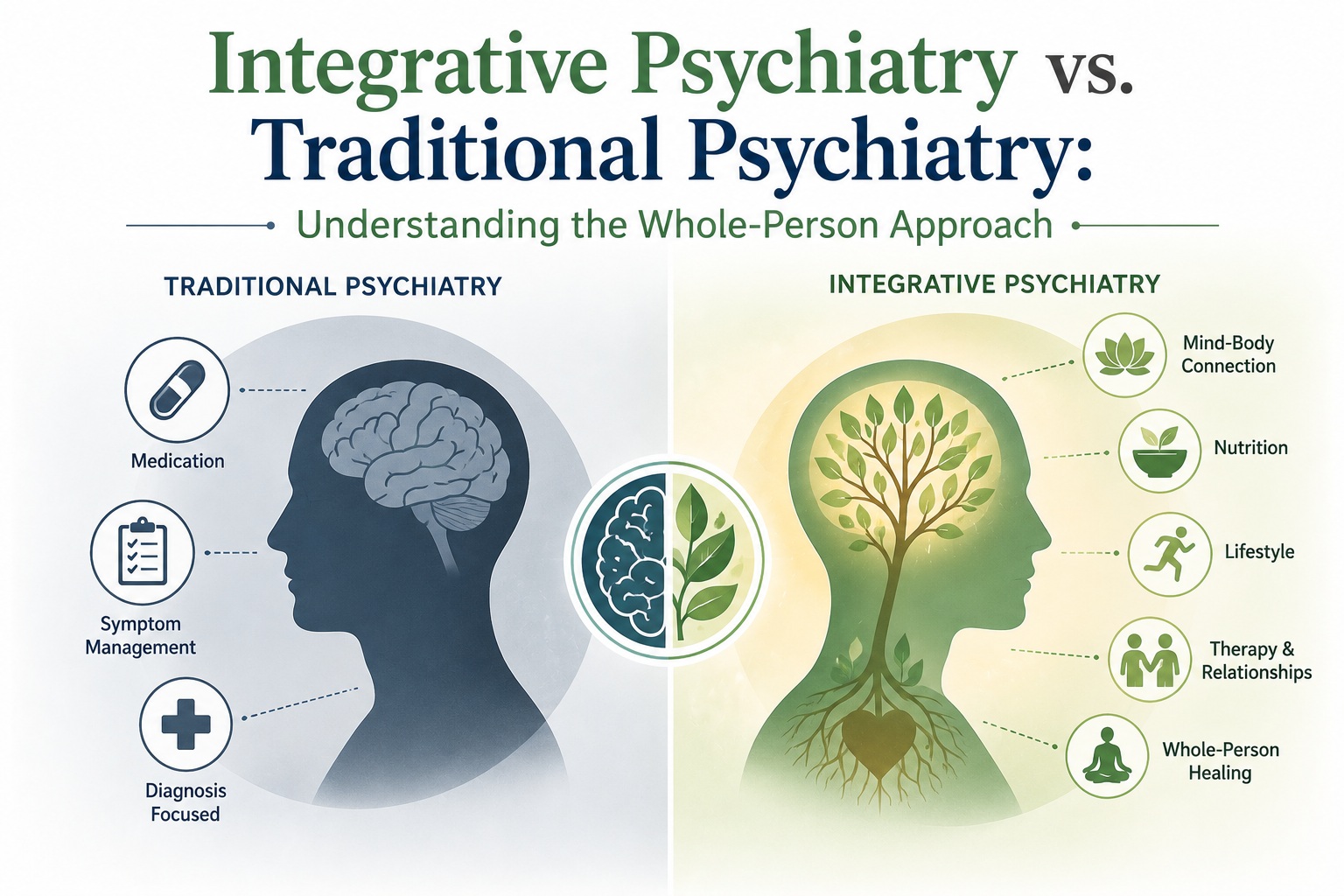 Comparison of integrative psychiatry and traditional psychiatry approaches to mental health care